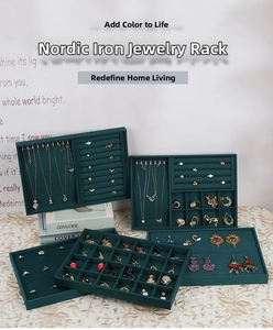Green velvet jewelry organizers for rings and necklaces with luxury iron frames