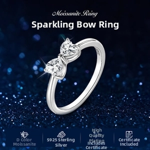 Macro shot of S925 sterling silver bow ring with D-color moissanite and certificate