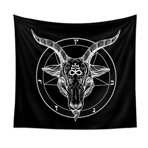 Bohemian black wall tapestry with white Baphomet goat and pentagram art design