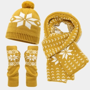 3-piece winter set with snowflake pattern ginger yellow knit hat scarf and gloves