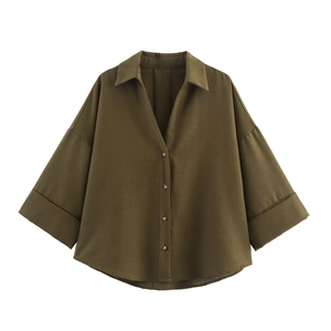 Deep olive green loose fit women's shirt with button-down front and lapel collar