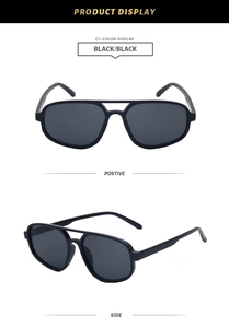 Front and side views of double-bridge oversized black sunglasses with a modern frame