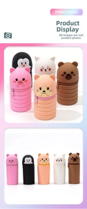 Set of five collapsible silicone cartoon animal pencil cases with expandable bottom design