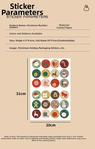 Detailed sheet of Christmas countdown stickers with dimensions and festive illustrations