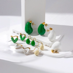 Minimalist 18K gold-plated stainless steel teardrop and heart earrings set in green and white