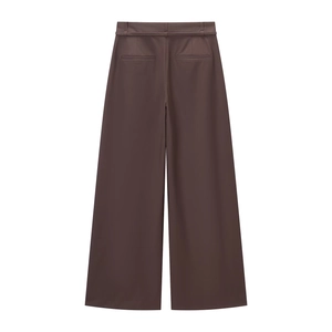 Pantalon marron taille haute à jambes larges pour femmes avec poches arrière épurées