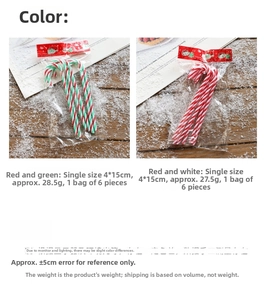 Detailed size view of red and white plastic Christmas candy cane tree ornaments