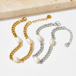 Stainless Steel Artificial Pearl Bracelet Cuban Chain Artificial Baroque Pearls Adjustable Extension Fashion Chic Jewelry For Women