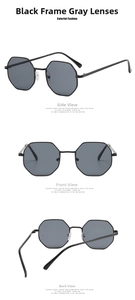 Three-way view of octagonal metal sunglasses with black frames and dark grey lenses