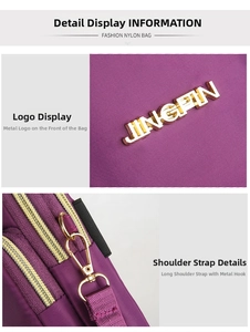 Detailed macro view of the purple nylon fabric texture and gold metal logo on the crossbody bag