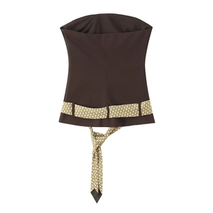 Haut bandeau marron pour femme avec ceinture à motif géométrique jaune et blanc