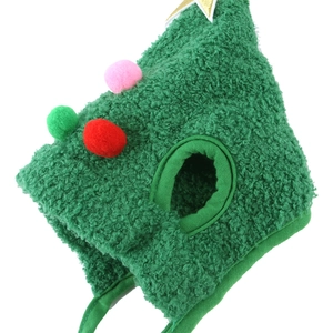 Detailed view of green Christmas tree pet hat with colorful pompoms and gold star