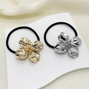Elegant gold and silver metal flower hair ties with black elastic bands for women
