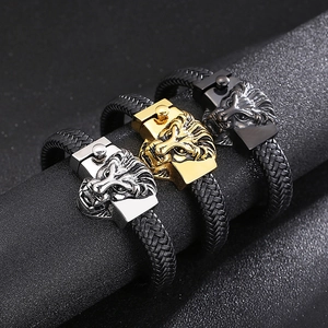 Bracelets homme tête de lion en cuir tressé, finitions or, argent et noir métallisé