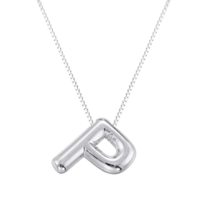 Detailed macro view of a silver puffy balloon letter P pendant on a fine box chain