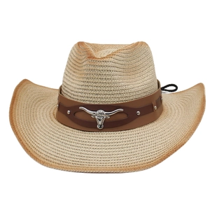 Classic western straw cowboy hat for men and women with leather band and metal bull head