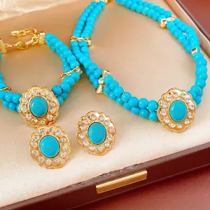 Vintage Beaded Necklace Bracelet And Earrings Alloy Rhinestone Flower Turquoise Artificial Pearl Tiger Eye With Silver Earring Post