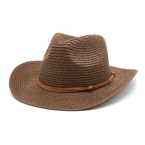 Western Straw Cowboy Hat Wide Brim Summer Sun Protection Beach Outdoor Fedora With Leather Band For Men Women