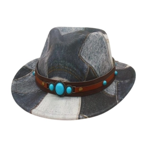Kids vintage denim patchwork fedora with turquoise stones and leather band detail