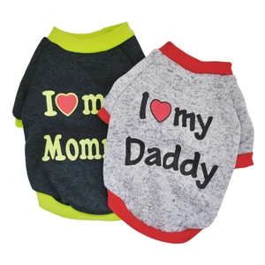 Detail of fleece dog hoodies with 'I love my Mom' and 'I love my Daddy' slogan prints