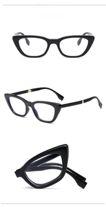 Three-view layout of black cat eye glasses with gold metal hinges and clear lenses