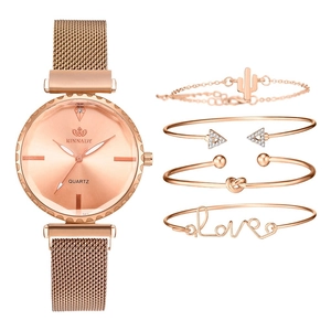 Elegante set da 5 pezzi con orologio al quarzo oro rosa e quattro bracciali alla moda