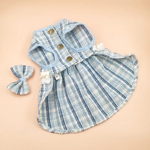 Detail of tweed pet dress with blue stripes, gold buttons, and pearl lace accents