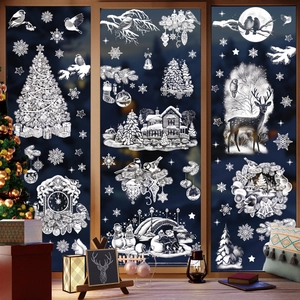 Adesivi Finestra Natale Bianco PVC Aderenza Statica Fiocco Neve Renna Pupazzo Neve Decoro Vetro Festa Decorazione Casa
