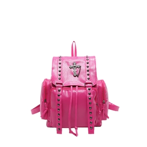 Pink rivet backpack for women with metal cross and chain in trendy PU leather style