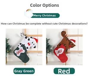 Hanging Christmas stockings featuring tiger and spotted dog designs with festive red bows