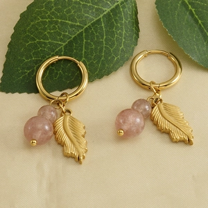 18k gold hoop earrings with natural pink stone beads and delicate gold leaf charms