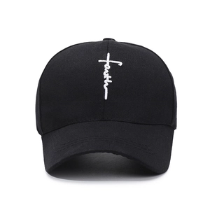 Black cotton baseball cap featuring white cross-shaped faith embroidery for men and women