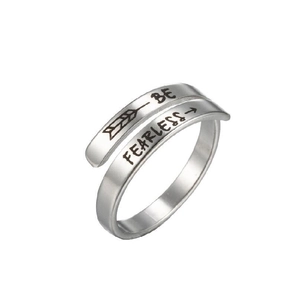 Adjustable silver stainless steel ring featuring Be Fearless engraving and arrow motif