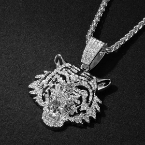 Hip-hop tiger head pendant necklace with sparkling rhinestones on twisted rope chain