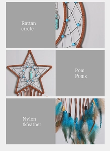 Detail showing natural rattan circle, star nylon mesh with turquoise, and feathers