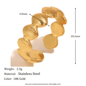 Bague ouverte en acier inoxydable doré 18K avec motif coquillage et guide des tailles