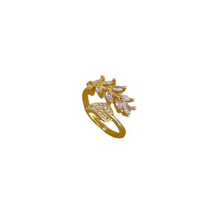 Golden leaf ring with sparkling zircons featuring an open-end design for women