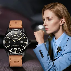 Minimalist quartz watch with black dial, brown leather strap and 30m water resistance