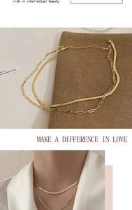 Double-layer 18k gold plated necklace with flat blade snake chain and paperclip link detail
