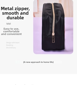 Detail of durable gold metal zipper on a premium black waterproof cosmetic bag