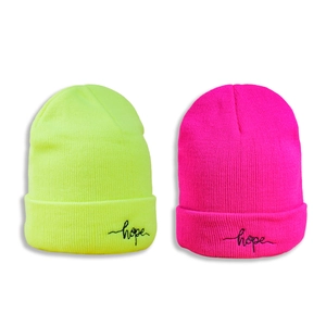 Winter knitted hope beanies in fluorescent yellow and rose pink with rolled edges