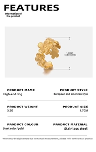Detail view of adjustable gold flower ring with 1.7cm diameter and 3.2g weight