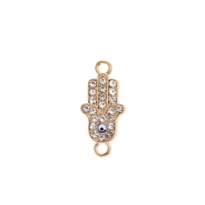 Macro detail of Hamsa Hand connector with pavé white crystals and blue evil eye charm