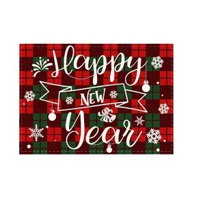Christmas buffalo plaid table runner with Happy New Year text and snowflake patterns
