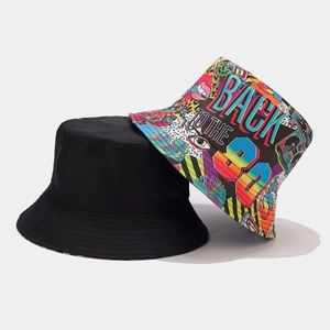 Detail of reversible bucket hat with 80s retro graffiti print and solid black fabric
