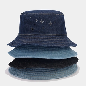Denim bucket hats with rhinestone star pattern in blue and black colors