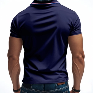 Rear view of navy blue short-sleeve Polo shirt with tricolor collar detailing and rib cuffs