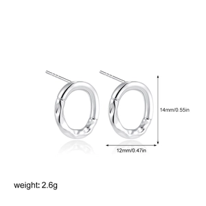 Detail view of silver round earring showing dimensions 14mm by 12mm and 2.6g weight