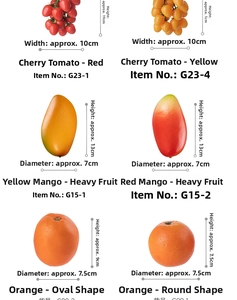 Detailed size specifications for artificial cherry tomatoes, mangoes, and oranges models