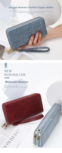 Crocodile embossed long wallet for women with double zipper and golden metal hardware